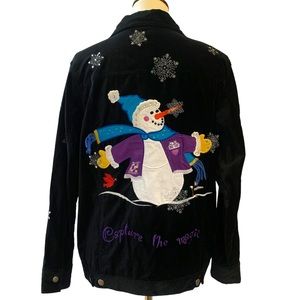 NWT Quacker Factory Christmas Holiday Black Velvet Jacket Snowman Womens size s